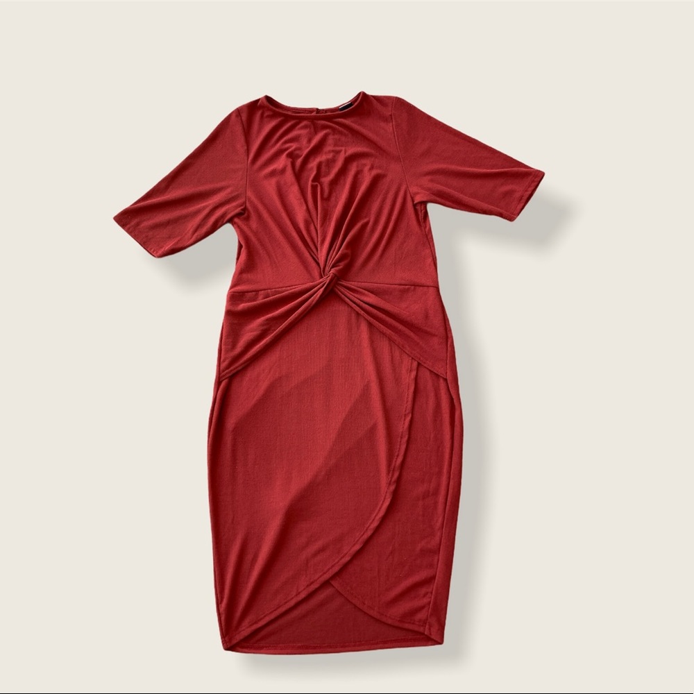 Libian Twist Front Rust Short Sleeve Tulip Dress